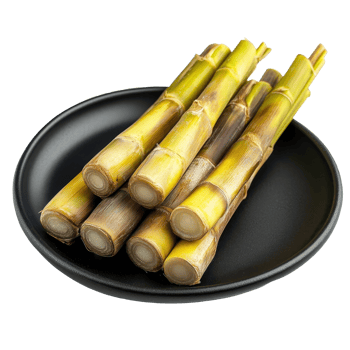 Freshly harvested sugar cane arranged neatly on a black plate against a transparent background, sugar cane on black plate transparent background png