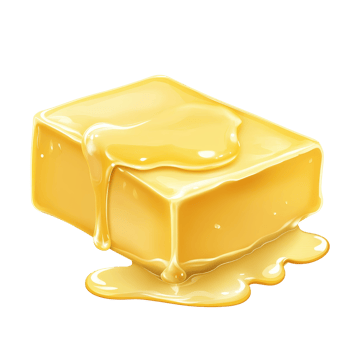 A block of melting butter resting on a transparent background with a glossy transparent sheen, A piece of melting butter isolated on transparent background Stock Illustration png