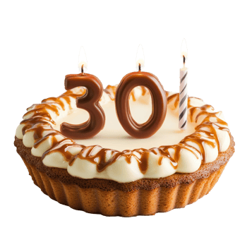 Delicious birthday cake with shaped candles celebrating a milestone birthday, 30 shaped candle light on happy birthday cake isolated on transparent background, transparent background png