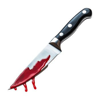 Bloodied kitchen knife resting on a clean transparent surface, suggesting a dark kitchen encounter in culinary chaos, Kitchen Knife with Blood Dripping on transparent background Horror Scene, png