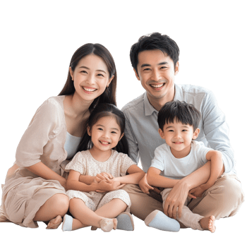 Joyful Asian family smiling together on a transparent background in a cozy indoor setting, Happy Asian family isolated on transparent background, Happy family enjoying together png