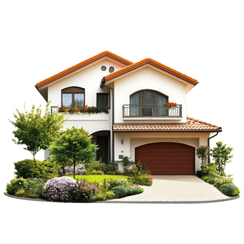 Modern twostory house with garden and driveway in a suburban neighborhood during bright daylight, file no background Real estate promotional banner with copy space png
