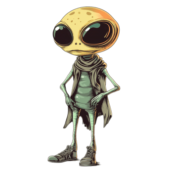 A quirky alien illustration standing on a transparent background, showcasing its unique style and playful demeanor under bright lighting, Cool Alien illustration on transparent background png