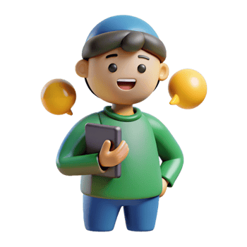 beautiful rustic 3D Cartoon Boy with Smartphone and Speech Bubbles genuine png
