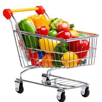 Full shopping cart with colorful fresh vegetables and fruits ready for checkout at a grocery store, file no background Full shopping cart png
