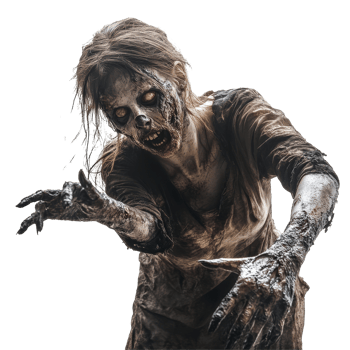 A terrifying female zombie reaching out from a stark transparent background, embodying horror and dread, Horror Female Zombie Reaching Out on transparent background png