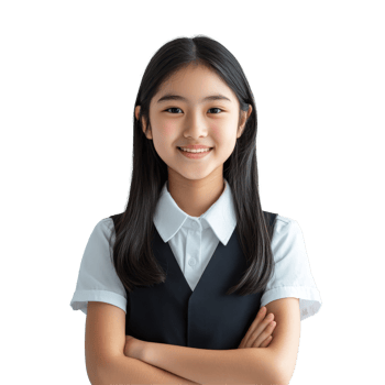 Cheerful Asian student girl with braces in school uniform poses confidently in a bright classroom setting, Happy braces Asian student girl in school uniform arm crossed png