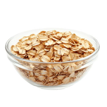 A clear glass bowl filled with oat flakes on a pristine transparent background, perfect for healthy breakfast options, Oat flakes in a bowl on transparent background png