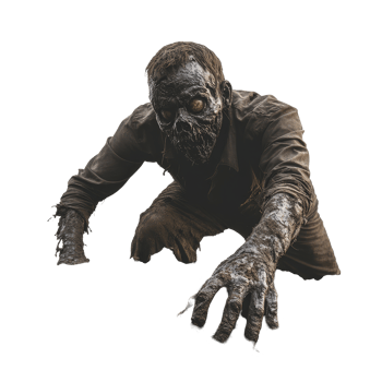 A zombie emerges from the grave, crawling through dark soil in a haunting display of the undeads return, zombie coming out on the soil or grave isolated on transparent background png