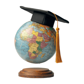 A colorful globe adorned with a graduation cap and tassel on a plain transparent background signifying academic achievement, Graduated Globe with Mortarboard on transparent background Global Education png