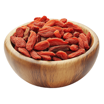 Dried goji berries in a wooden bowl against a transparent background for healthy snacking or culinary use, dried goji berries in wood bowl transparent background png