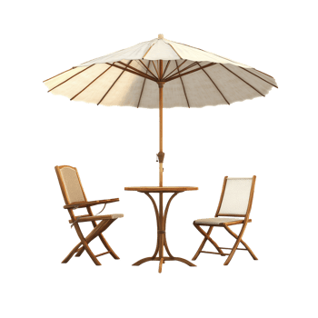 Stylish wooden table and two chairs with a large parasol umbrella isolated on a transparent background, Table with Chair and Parasol Umbrella Isolated on transparent background png