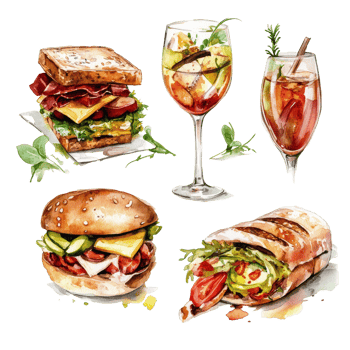 Delicious watercolor food illustration featuring sandwiches and drinks on a clean transparent background, Watercolor Christmas Cup Illustration on transparent background png