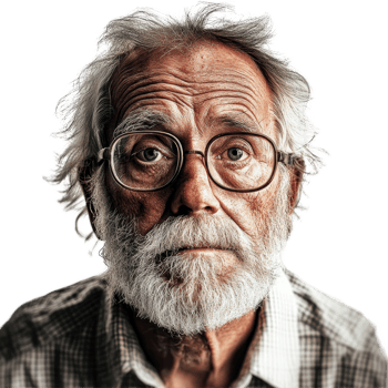 An elderly man with glasses and a beard gazes thoughtfully against a plain transparent background, Old man on transparent background png
