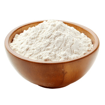 A wooden bowl filled with flour isolated against a transparent background for culinary uses, bowl of flour isolated on transparent background png