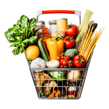 Fresh Variety of Seasonal Vegetables and Fruits in Shopping Basket png