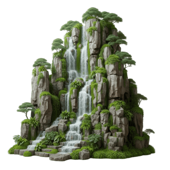 a waterfall in the middle of a mountain with trees and rocks png