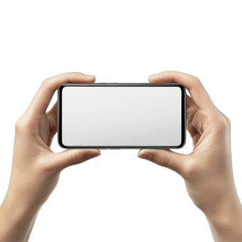 Horizontal smartphone mockup held by hands against a clean transparent background for display and design purposes, Mobile phone display mockup, horizontal smartphone screen in hands, isolated on png