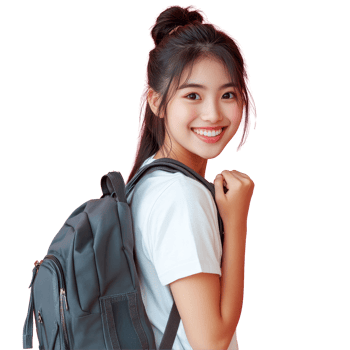 Happy Asian teenage girl smiling while holding backpack against a bright pink background, Happy Asian student teen girl hold backpack isolated on pastel pink background. png