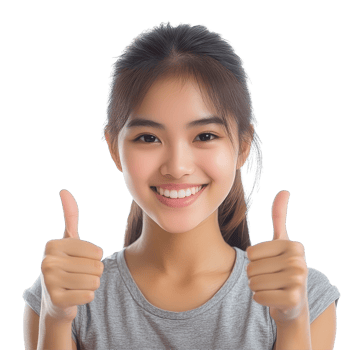 Smiling Asian girl giving thumbs up indoors during sunny day, expressing joy and positivity, Happy beautiful Asian girl thumbs up and smiling isolated on transparent background png