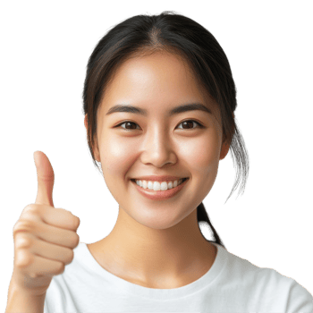 Cheerful Asian woman giving a thumbs up indoors, radiating positivity and joy in a casual setting, Portrait happy Asian woman shows thumb up and looking at the camera transparent background png