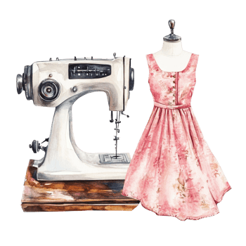 Watercolor fashion sewing illustration featuring a vintage sewing machine and a pink summer dress on a dress form, fashion floral sewing illustration transparent background png