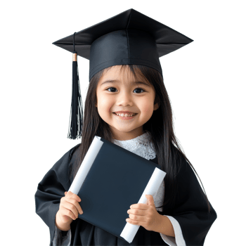 Happy Asian graduate child celebrating with diploma in hand during graduation ceremony, Happy Asian school kid graduate holding graduation cap isolated transparent background png
