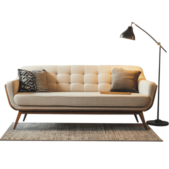 Stylish midcentury sofa adorned with decorative pillows, complementing a chic rug and modern floor lamp, Midcentury sofa with pillow rug and floor lamp, transparent background png