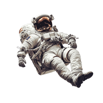 Astronaut character in spacesuit floats gracefully in zero gravity environment, Astronaut character in space suit floating in zero gravity on transparent background png