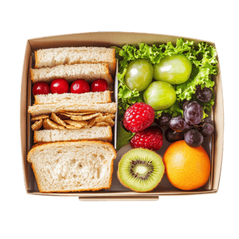 Healthy school breakfast box featuring a sandwich and assorted fresh fruits for a nutritious start to the day, Healthy School Breakfast Box with Sandwich and Fruit Isolated on transparent background png