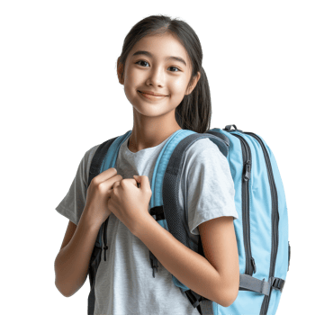 Joyful Asian teen girl with backpack stands confidently against a transparent background, ready for school or adventure, Happy Asian ethnicity teen girl hold backpack standing isolated on transparent png
