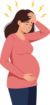Pregnant woman holding her head in distress with sweat droplets and lightning symbols in a flat illustration vector