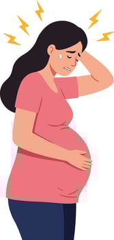 Pregnant woman holding her head in distress while experiencing discomfort in a minimal flat design illustration vector