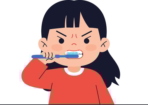 Young girl brushing her teeth with determination in a flat, minimalist design style, showcasing daily hygiene routine in art vector