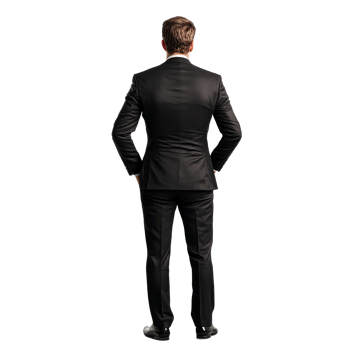 A corporate businessman standing confidently with hands on hips, viewed from the back in a professional setting, Corporate businessman standing back view file no background png