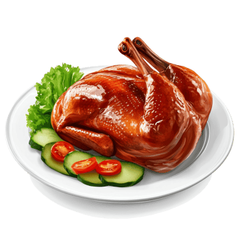 Delicious Peking duck served on a plate with fresh vegetables, highlighting traditional Chinese culinary excellence, Peking duck on plate isolated on transparent background png