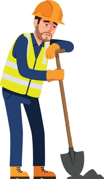 Construction worker in safety gear using a shovel to dig on a worksite in a flat, colorful illustration vector