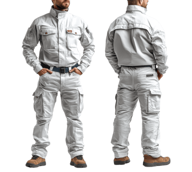 Stylish white workwear outfit featuring cargo pants and jacket, ideal for industrial settings png