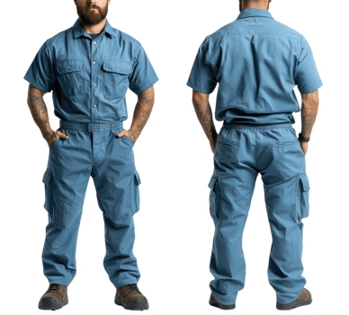 man wearing blue work uniform, showcasing front and back views, with tattoos visible on arms png