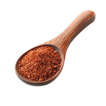 Chili powder in a wooden spoon isolated on a clean transparent background highlighting its vibrant red hues and texture, Chili powder in wood spoon isolated on transparent background png