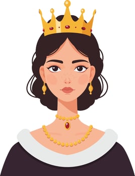 Elegant queen character portrait in minimal style with a golden crown, adorned with jewelry, showcasing regal beauty and confidence in art vector