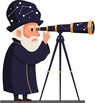 An elderly astronomer in a dark robe and starry hat observing the night sky through a telescope in a whimsical flat illustration vector