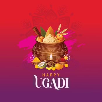 Happy Ugadi. vibrant New Year festival card featuring elegant typography on a pink decorated background. Celebrated in Karnataka and Andhra Pradesh. Abstract design. vector