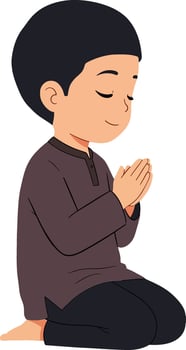 Young boy in a prayerful pose wearing a dark tunic and black pants, minimal illustration capturing a serene moment of reflection and spirituality in art vector
