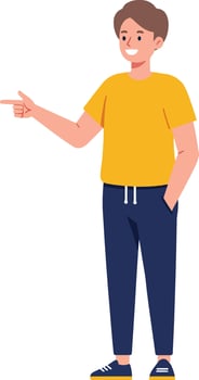 Young man in a yellow shirt pointing to the side in a casual flat illustration vector
