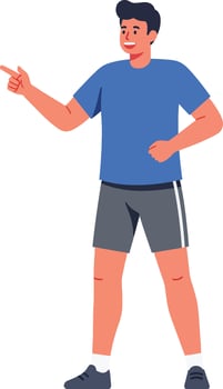 Energetic young man in blue t-shirt and shorts gesturing confidently with a smile in flat art vector