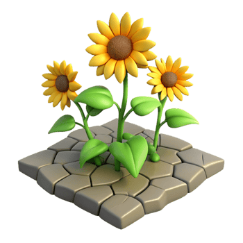 vibrant classic 3D Cartoon Sunflowers on Cracked Ground original png