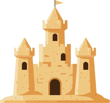 Sandcastle with turrets and a flag, illustrated in a minimal flat style, showcasing a playful beach atmosphere, art vector