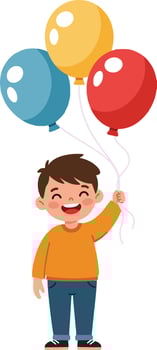 Happy child holding colorful balloons in a joyful pose, showcasing flat design style, cheerful atmosphere in playful illustration vector