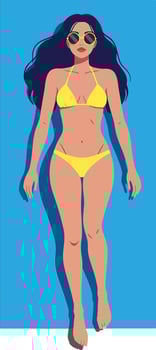 A young woman in a yellow bikini relaxing on a blue sunbed under the sun in a flat illustration vector
